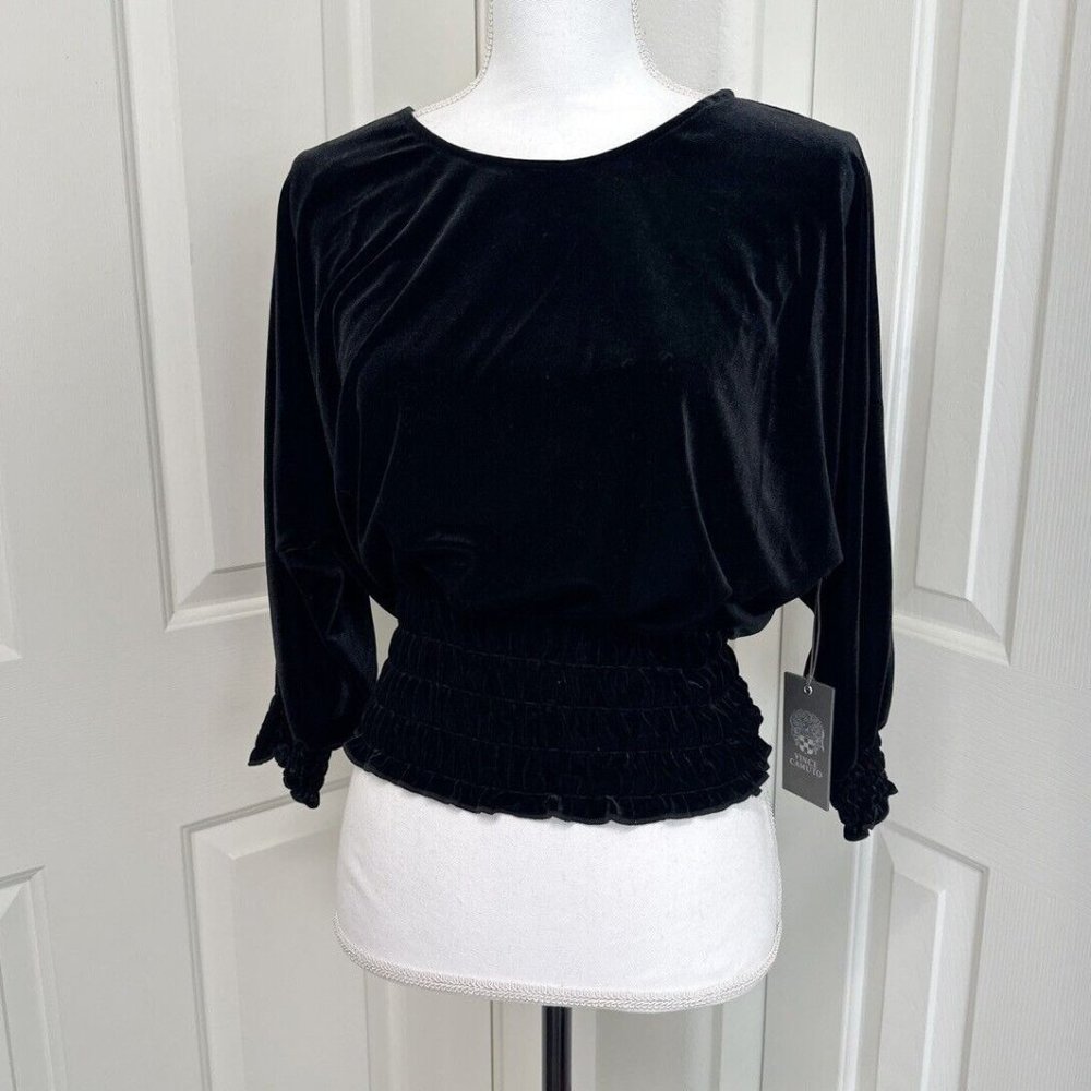 Vince Camuto Smocked-hem Velour Blouse In Rich Black Sparkle And Shine S…